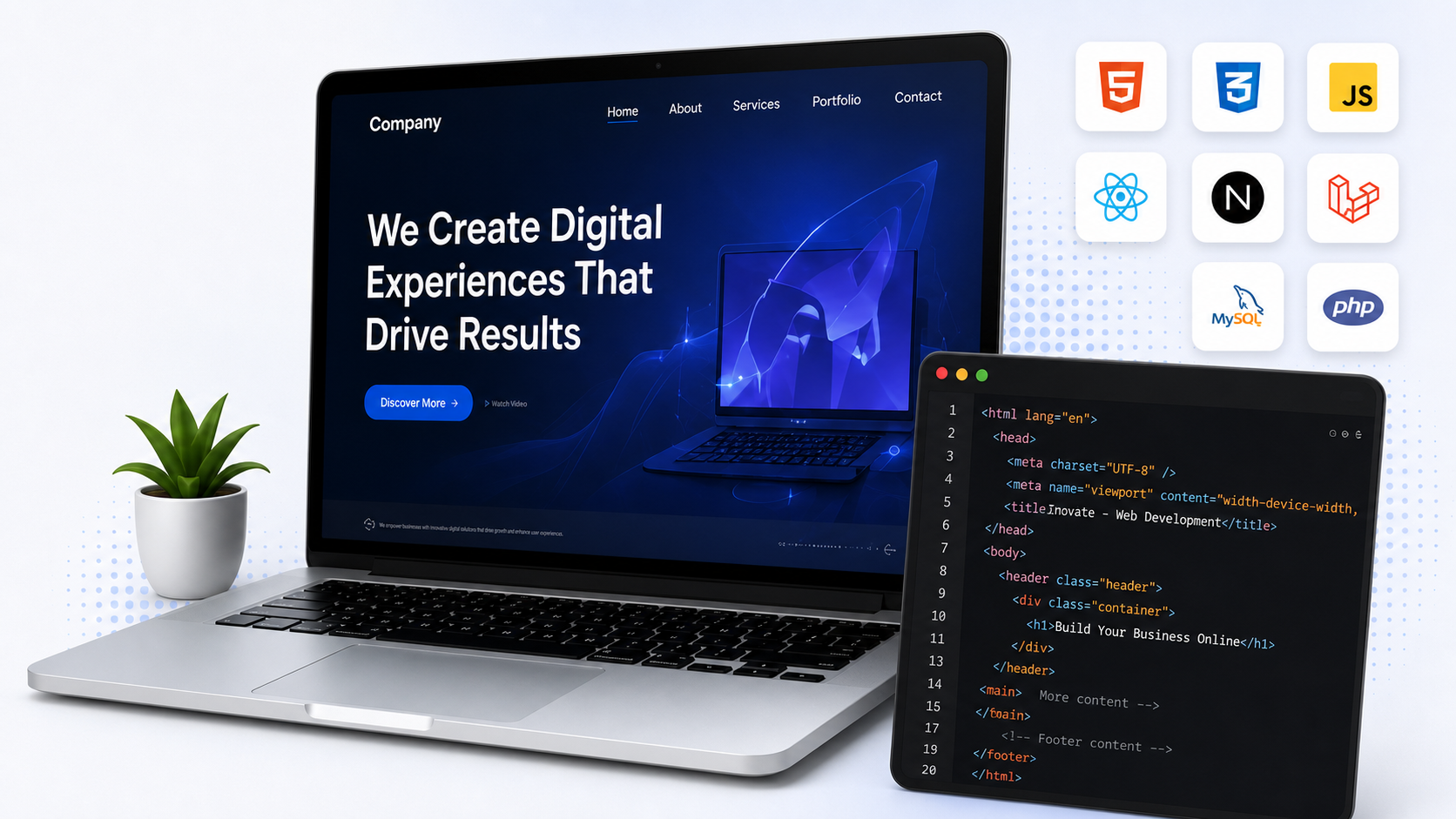Laptop displaying a web development agency website beside a code editor and technology badges